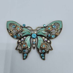 Vintage Signed Avon Gold-tone Blue Enamel AB Rhinestone Butterfly Brooch Jewelry
